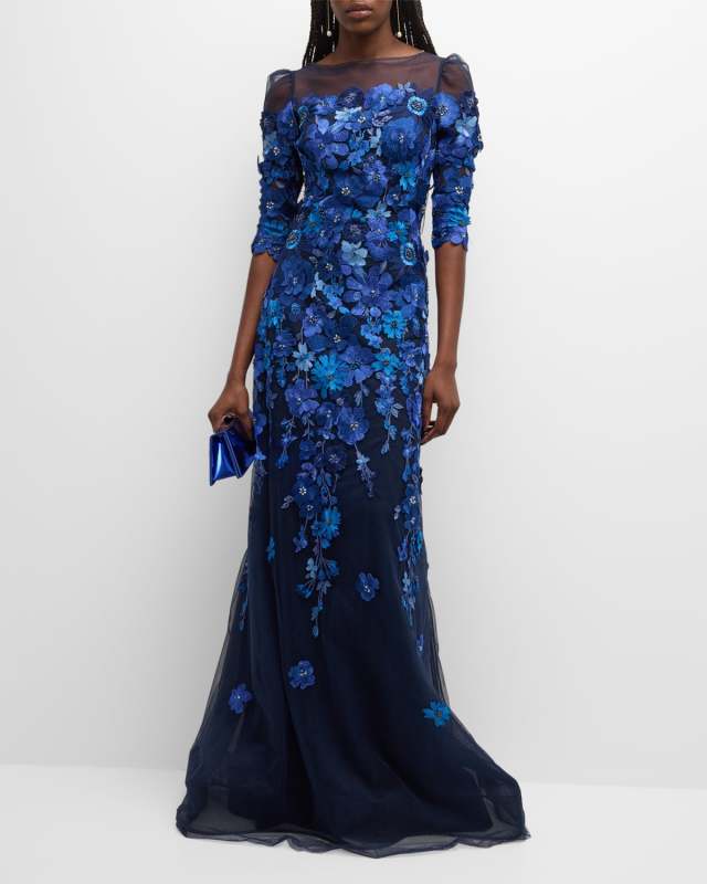Floral-Embroidered Puff-Sleeve Tulle Gown